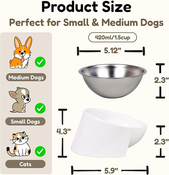 Tilted Dog Bowl for Flat-Faced & Senior Dogs, 15° Slanted Stainless Steel Dog Food Bowl, Elevated Pet Feeder for Small & Medium Dogs, Comfortable Eating Design (White, M (420 ML / 2 Cups))
