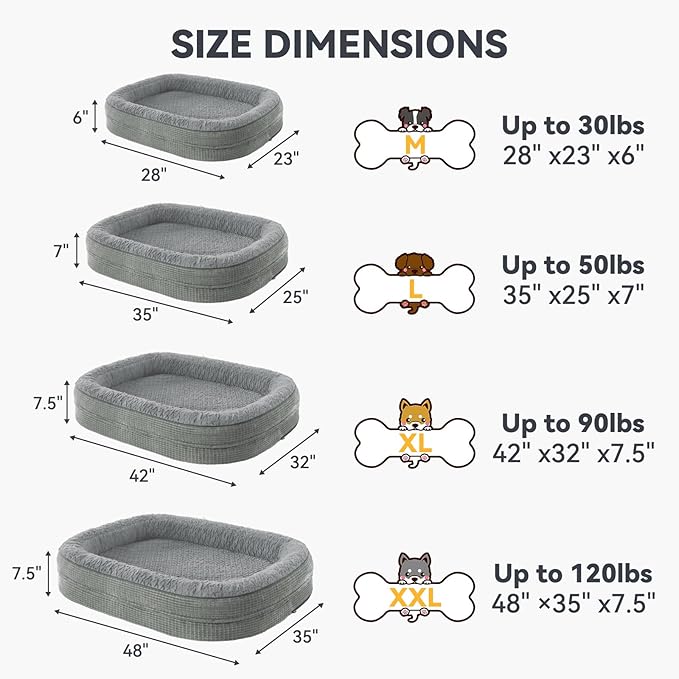 JOEJOY Orthopedic Dog Beds Large Sized Dog, Egg-Crate Memory Foam Pet Couch Bed with Bolster Sides, Waterproof Lining, Removable Washable Cover & Non-Slip Bottom, Light Grey