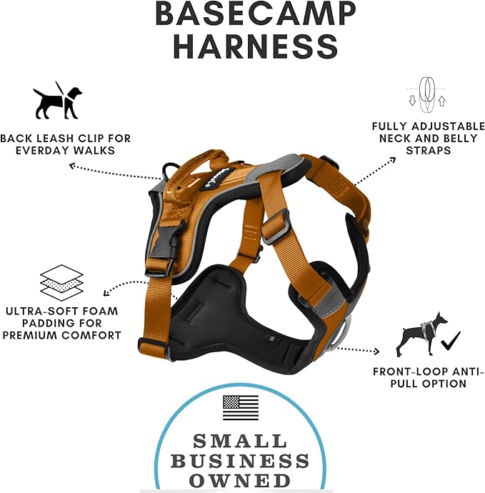 ShawnCo Basecamp Dog Harness, No-Pull Pet Vest with 3 Leash Clips, Padded, Reflective, Lightweight and Adjustable Harness with Handle for Small, Medium and Large Dogs (Sunset Orange, S)