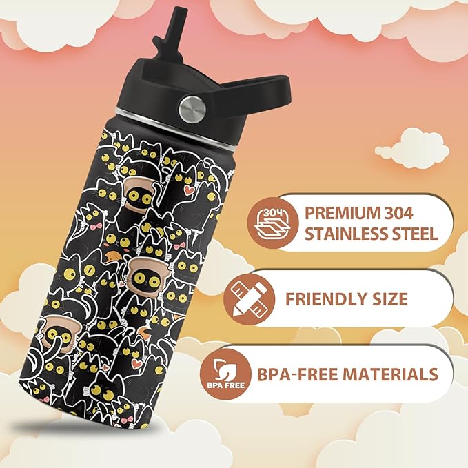 Cat Gifts for Boys Girls, 16 oz Water Bottle with Straw Lid, Stainless Steel Insulated Tumbler, Cute Cats Water Bottle for Cats Lovers, Black Cat Cup Gifts for Birthday Christma (1pcs)