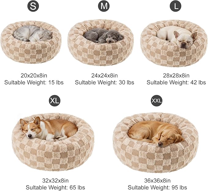 Dog Calming Beds for Small Medium Large Dogs - Round Donut Washable Puppy Dog Bed, Anti-Slip Faux Fur Fluffy Donut Cuddle Anxiety Cat Pet Bed (24" Grid)