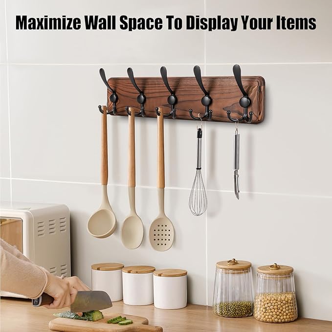 Rustic Wall Mount Coat Rack, Coat Hooks Wall Mount Wood Coat Rack with 5 Triple Hooks, Heavy Duty Wooden Wall Mounted Coat Hanger for Entryway, Farmhouse Hanging Coats, Hats, Bags,Towels