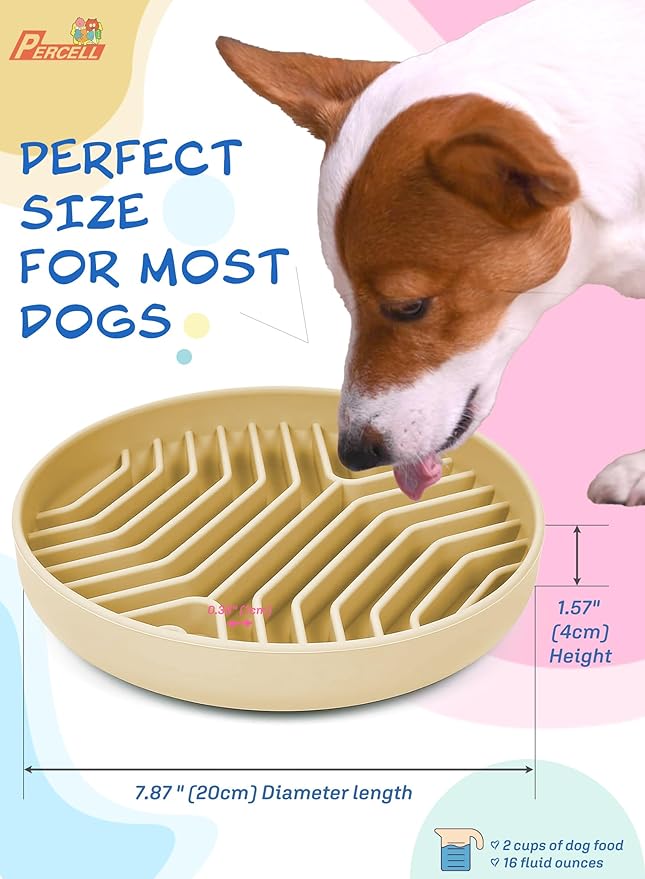 Slow Feeder Dog Bowl with Suction Cups - Non-Slip Silicone Strip Maze Design for Dogs (Beige)