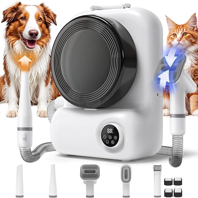 Dog Grooming Vacuum and Dryer, Pet Grooming Vacuum for Dogs with 3 Liter Canister, 15000Pa Suction Dog Vacuum for Shedding Grooming, Extra Space for Storage for 5 Grooming Kits, White