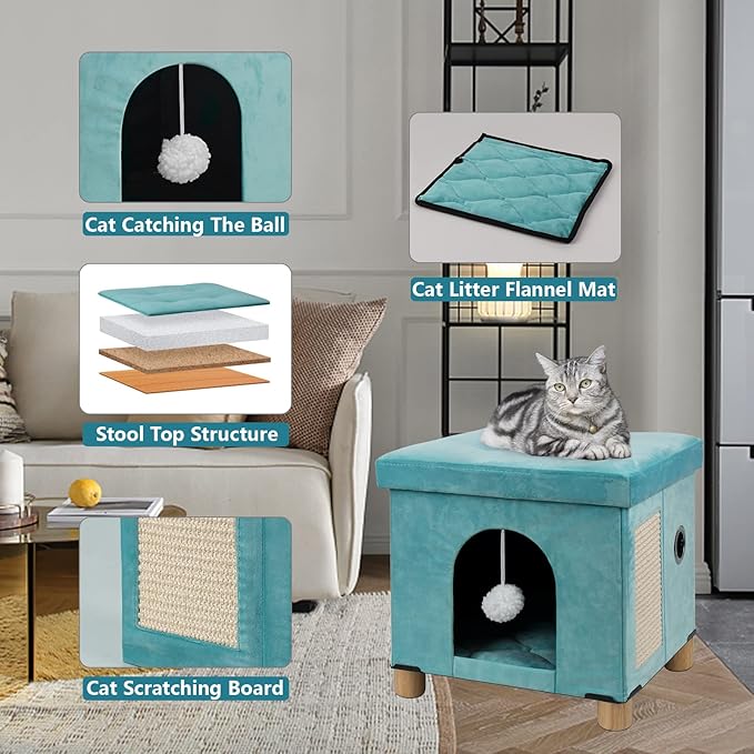 BRIAN & DANY Foldable Cat House, Cat Cave, Cat Cube with Scratch Board & Ball, 12.5" x 14.5” x 14.1”, Green