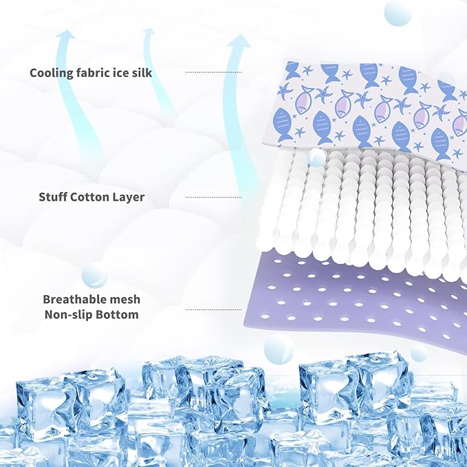 NWK Pack of 4 Pet Cooling Mat for Large Dogs -Q-Max>0.345 Ice Silk Cooling Mat for Dogs & Cats Portable & Washable Pet Cooling Blanket for Summer (4pcs, Purple Fish, 39'' X 27'' X 0.3'')