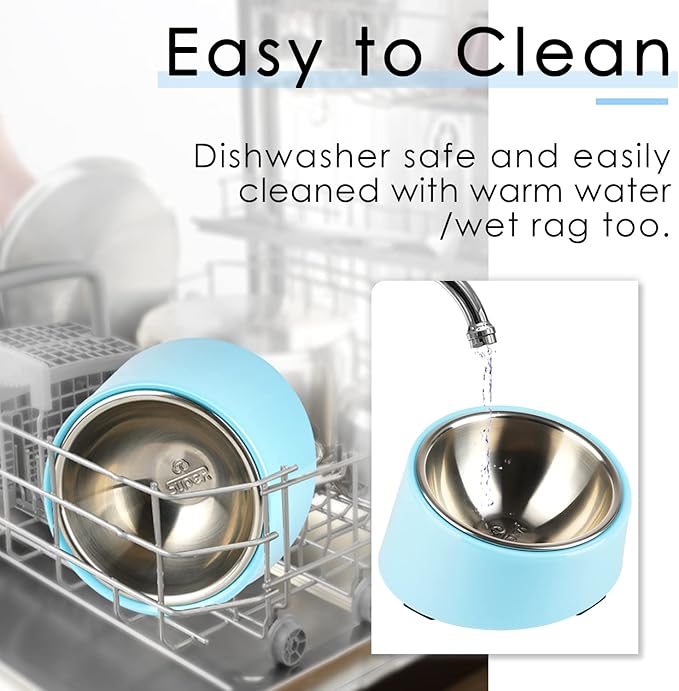 SuperDesign Mess Free 15° Slanted Bowl for Dogs and Cats, Tilted Angle Bulldog Bowl Dog Feeder, Non-Skid & Non-Spill, Easier to Reach Food L/2 Cup Blue