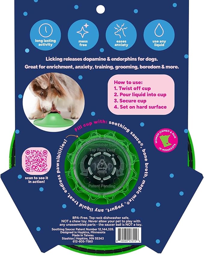 Stashios: Soothing Saucer - Dogs Slow-Licking Device, Rolling Ball Dispenses Liquid, Pet Calming Activity, Fill W/Liquid Treats-Broth-Soothing Sauce