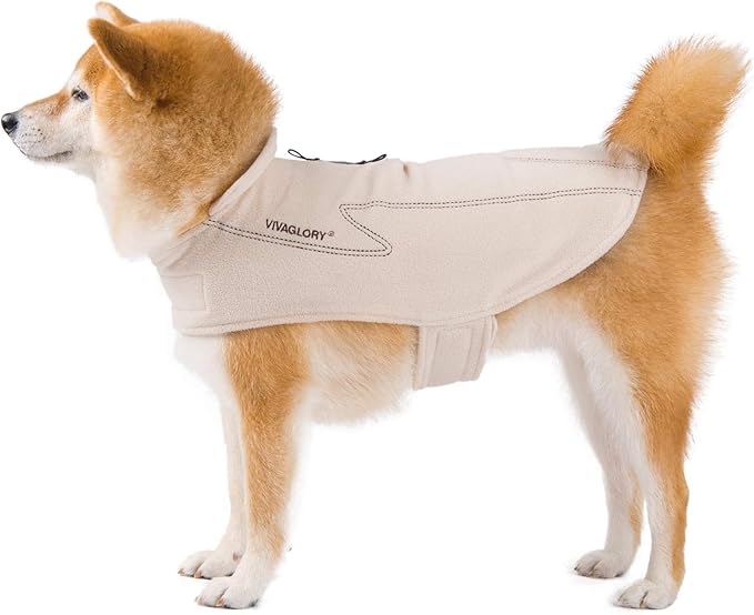 VIVAGLORY Dog Fleece Coat Warm Jacket with Hook and Loop Fastener, Easy to Take on and Off, Winter Vest Sweater for Small Medium Large Dogs Puppy Windproof Clothes for Cold Weather, Beige, M