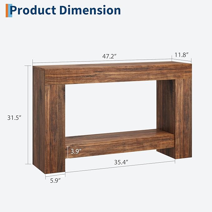 Garvee 47" Farmhouse Console Table with 2 Tiers and Storage – Large Wooden Sofa Table for Entryway, Hallway and Living Room