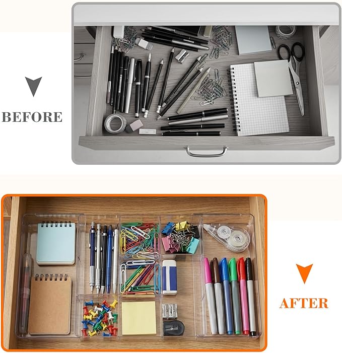 2 Pcs Large Expandable Acrylic Drawer Organizers, Grid Adjustable Drawer, Dividers Organizer for Desk, Makeup, Jewelry, Office, Kitchen Supplies (Transparent,11 Compartments)