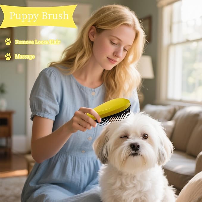 Comma-Shaped Small Dog Brush and Cleaning Comb, Fit for Yorkie, Shih Tzu, Maltese Maltipoo Pomeranian - Gentle Soft Bristles for Effortless Pet Hair Removal, Puppy Essentials (Yellow)