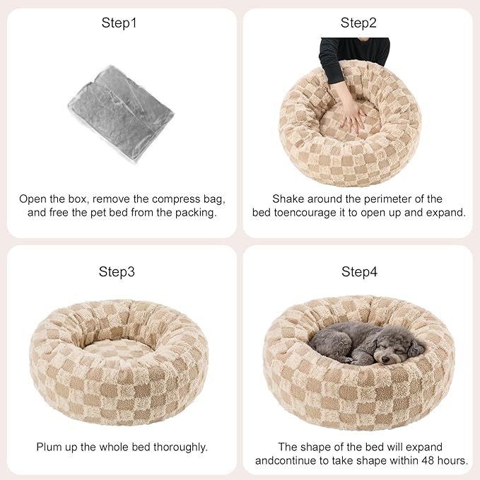 Dog Calming Beds for Small Medium Large Dogs - Round Donut Washable Puppy Dog Bed, Anti-Slip Faux Fur Fluffy Donut Cuddle Anxiety Cat Pet Bed (20" Grid)
