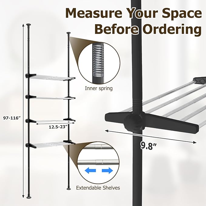 4 Tier Over The Toilet Storage 97-116” Over Toilet Bathroom Organizer with Adjustable Shelf Slim Behind Toilet Shelf for Toilet Paper Towel Plants (Black)