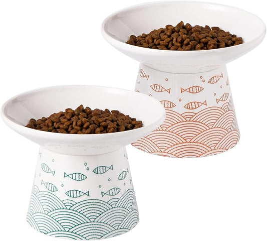 OMAYKEY 6.25 Inch Extra Wide Ceramic Raised Cat Bowls, Upgraded Elevated Porcelain Cat Food Water Bowl Dish, Stress Free Pet Feeder Bowls Dishes for Elder Big Cats & Small Dogs, Green & Orange