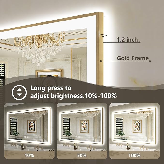 84x40 Inch LED Bathroom Mirror with Lights (Front Lit and Backlit) Gold Framed Lighted Vanity Mirror for Bathroom Wall Dimmable Anti-Fog Memory Tempered Glass Horizontal/Vertical