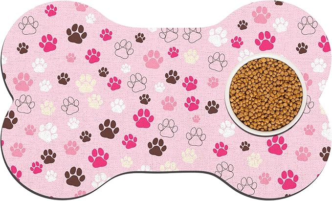 Pet Dog Cat Food Mat, Absorbent Bone Shaped Dog Bowl Mats for Food and Water, Non Slip Cute Dogs Cat Placemats Feeding Mat with Rubber for Floors Indoor Puppy Pet Accessories Supplies 12"x20" Pink