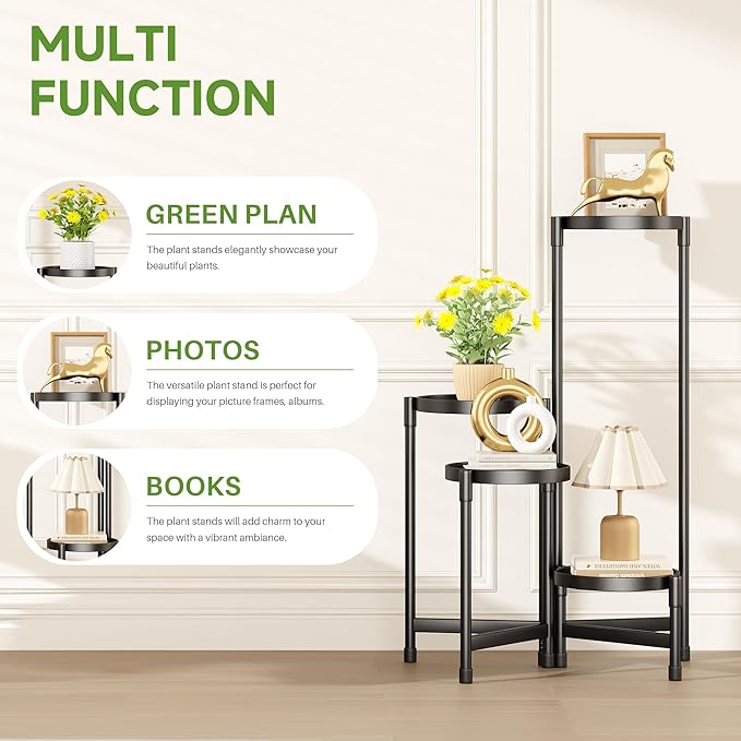 Folding Plant Stand Indoor Outdoor with Metal Tray, 4 Tiered Corner Flower Holder Shelf Metal Orchid Display Rack for Patio Porch Living Room Garden Balcony, Modern Black
