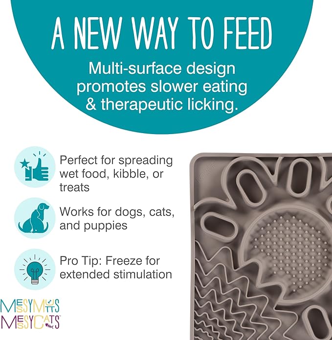 Messy Mutts and Cats Framed Silicone Multi-Surface Lick Mat | 9.5” x 9.5“ | Slow Feeder Mat for Boredom & Anxiety | Interactive Lick Pad for Dogs and Cats | Grey