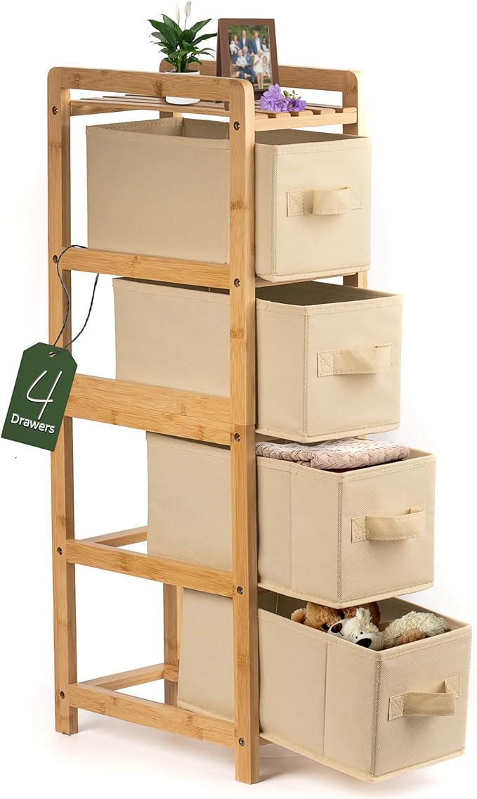 HH DESIGNS Wooden Narrow Dresser- Skinny with 4 Fabric Drawers- Slim for Small Spaces- Vertical Bamboo Storage- Skinny for Bedroom, Living Room, Laundry Room