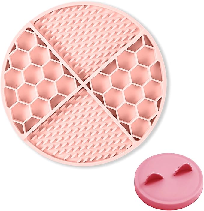 Pet Licking Mat Set with Suction Cups & Can Lid for Dogs and Cats, Food-Grade Silicone Slow Feeding Puzzle Toy, Non-Slip Dog Treat Mat for Anxiety & Boredom Relief (Peach Pink)