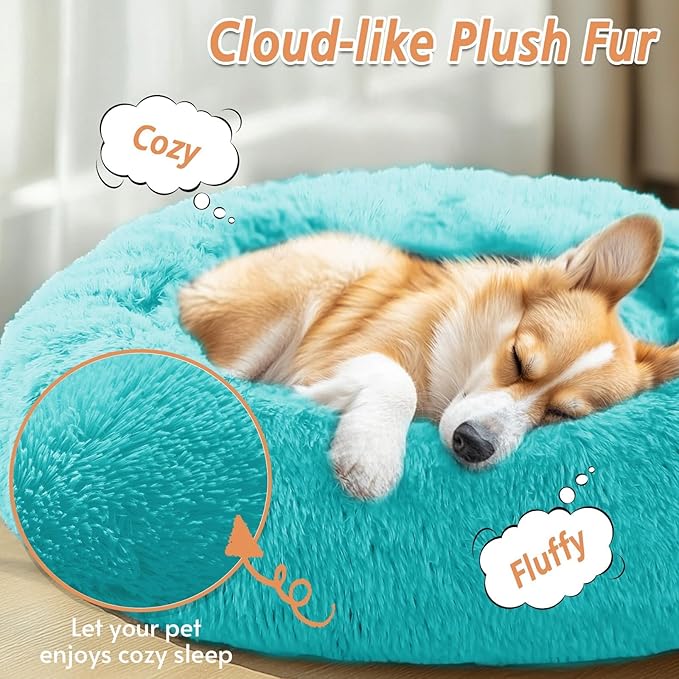 Calming Donut Dog Bed — Large 36", Anti-Anxiety Faux Fur, Washable (Aqua Blue)