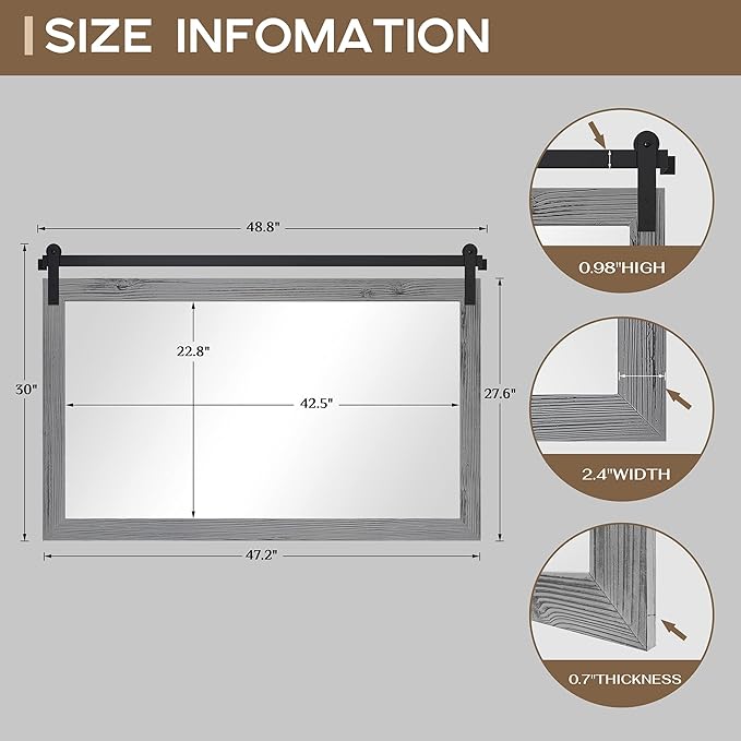 COGOOD Farmhouse Bathroom Mirror - 49 x 30 Large Rectangle Barn Door Mirror for Vanity, Bedroom, Living Room Wall Decor (Grey)