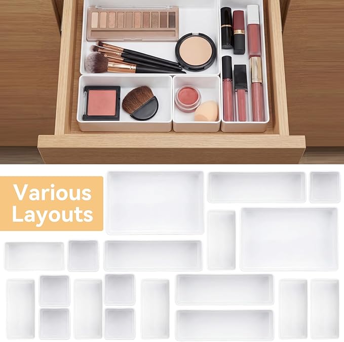 18 Pcs Drawer Organizer Stackable 4 Size Makeup Drawer Organizer Trays Acrylic Bathroom Vanity Storage Bins for Cosmetic, Jewelries, Office Supply, Kitchen Utensils (White,Glossy)