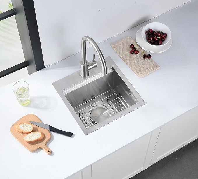 15 x 17 Inches Drop-in Kitchen Bar Sink, 15 Inch Stainless Steel Bar Sink Workstation Kitchen Sinks Topmount Single Bowl Small Kitchen Sink