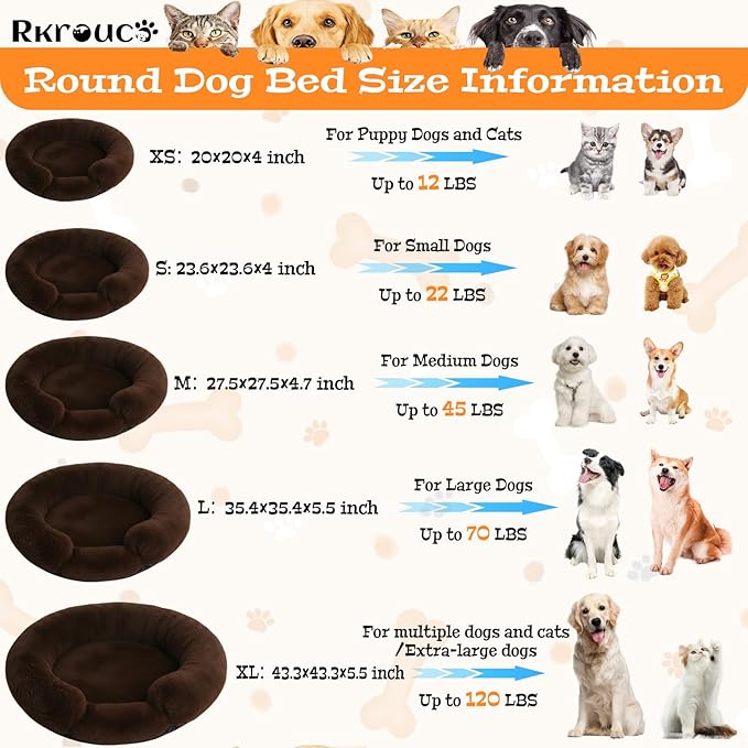Fluffy Dog Bed Calming Donut Beds for Large Dogs Warming Round Small Medium Pet Nest Cozy Cat Mattress Indoor Washable Puppy Kennel Kittens Sleep Mat (M, 27.5×27.5 inch, Brown)