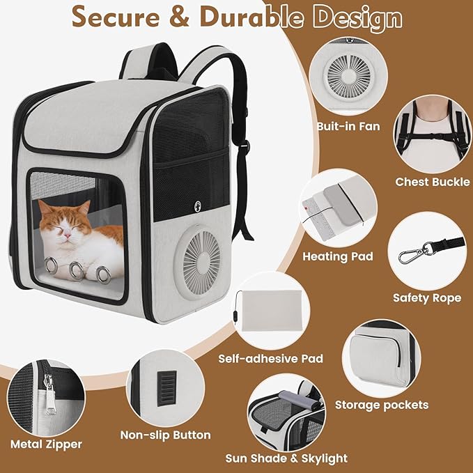 Cat Backpack Carrier with Fan & Heating Pad, Expandable Cat Carrier Backpack for Cats up to 18 lbs, Breathable Pet Travel Backpack, Ventilated Cat Dog Carrier for Hiking/Outdoor/Vet Visits