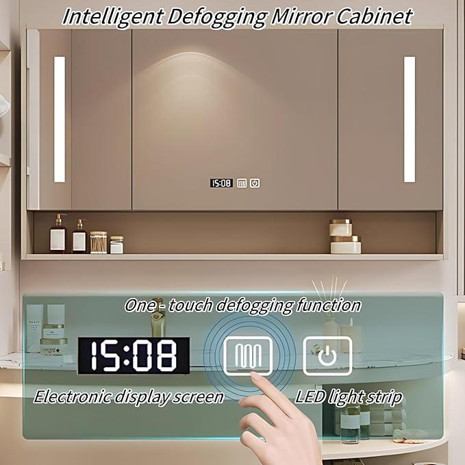 52IN Floating Bathroom Vanity, Wall Mounted Wood Sink Cabinet with Smart Sensor LED Light Strip & Open Style Side Cabinet | LED Lights & Defogging Function, Single Sink Vanities Set (Black)