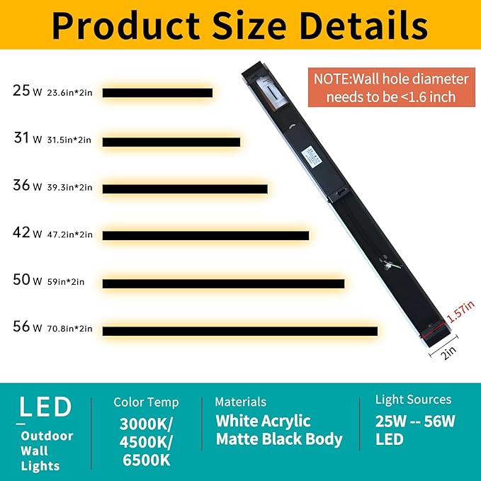 Mikeru 47.2inch Outdoor Wall Light Fixtures, 10%-100% Dimmable Black Exterior Wall Sconces, 3000k-6000k Acrylic Invisible Exterior Wall Light for Porch Modern Outdoor Wall Mount Lighting for House