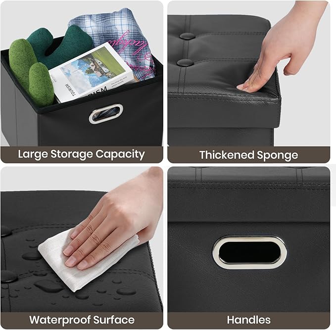 COSYLAND Ottoman with Storage Folding Leather Ottoman Footrest Foot Stool Black Ottoman for Room Small Rectangle Collapsible Bench Furniture with Handles Lid Toy Chest 17x13x13in