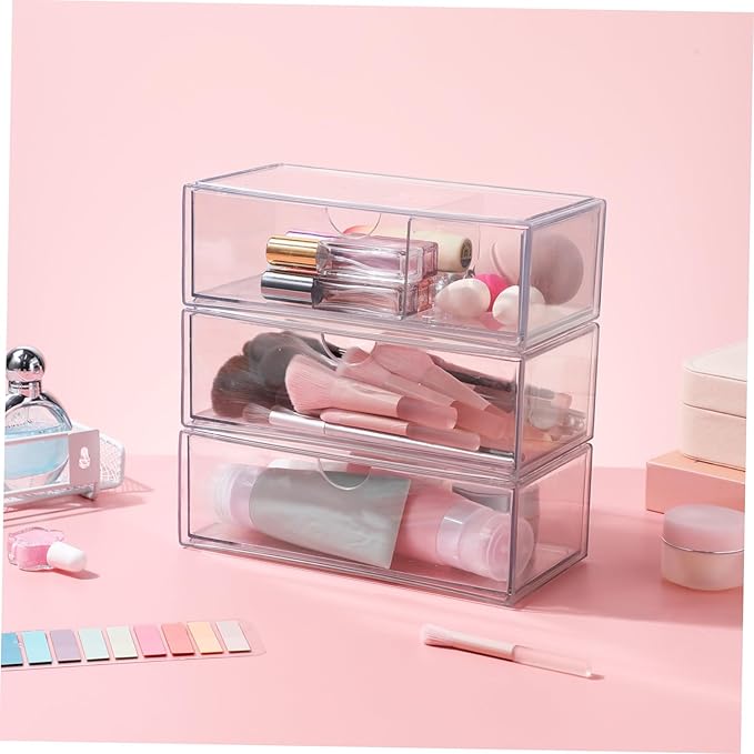 GLEAVI 3Pcs Transparent Makeup Organizer Box Stylish Lipstick Holder Cotton Swab Storage Divided Design with Lid for Easy Access Cleanliness for Bathroom Bedroom Use