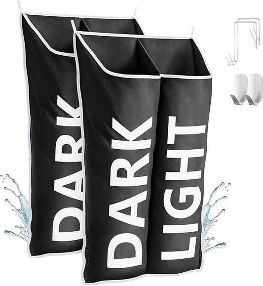 Hanging Laundry Hamper Bag XL, Space Saving over the Door Storage Bags, Behind the Door Hampers for Dirty Clothes & Wall Mounted Basket for Bathroom (Black -2Pack, Double Compartment)