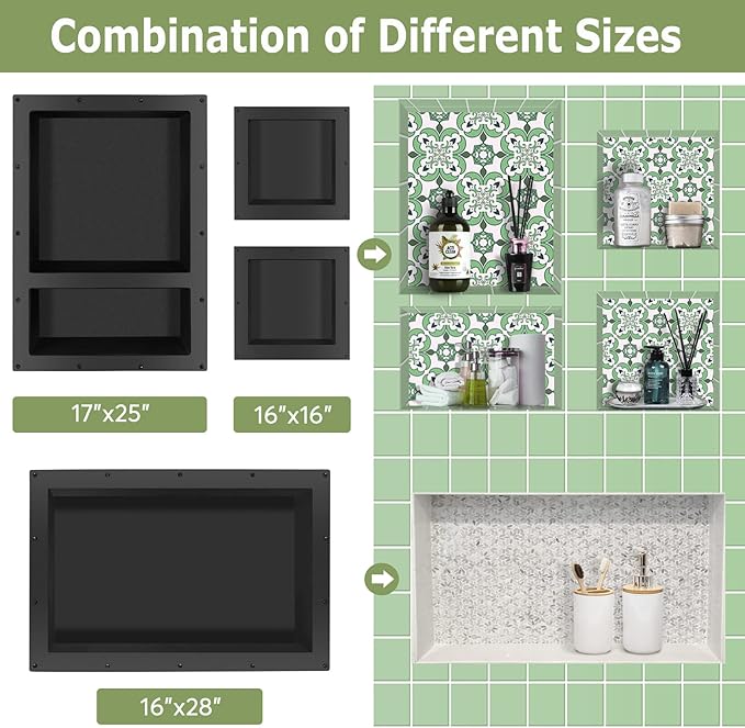 Suteck Shower Niche, 25" x 17" 3.8" Outer Size, Actual Size 14" + 16.5"(Big Grid) 14"+ 6" (Small Grid) Tile Ready Recessed Shower Shelf Bathroom Niche Box for Organization