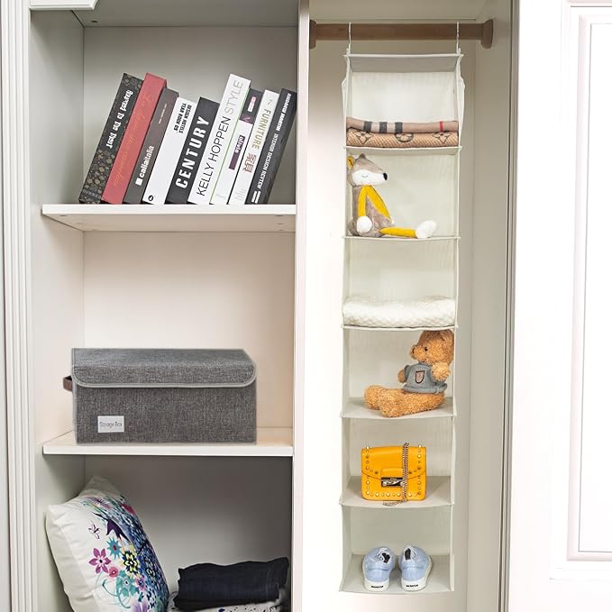 6 Shelves Hanging Closet Organizer, 2 Pack Hanging Storage with 4 Side Pockets for Clothes Shoes, 43.5"x12"x12"(Beige)