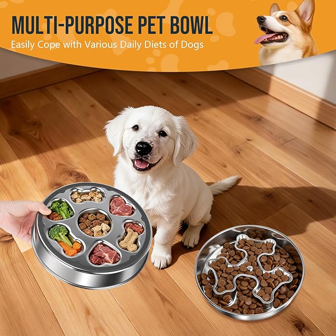 Slow Feeder Dog Bowl, Food Grade 304 Stainless Steel Dog Bowls, Heavy Duty with Non-Slip Rubber Base, 2 Cups Capacity Metal Pet Dish for Healthy Eating