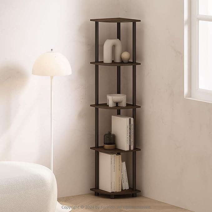 Furinno Turn-N-Tube Corner Shelf, 5-Tier Corner Display Rack, Shelving Unit, for Organization and Storage, Living Room, Home Office, Garage, Bedroom, Walnut