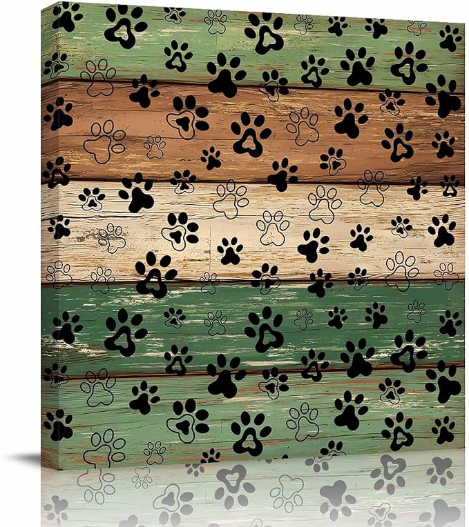 Framed Canvas Wall Art for Living Room Dog Paw Print Wall Decor, Retro Green Brown Wood Grain Aesthetic Paintings for Bedroom Office Kitchen Bathroom, Ready to Hang Artwork Wall Pictures 16x16 Inch