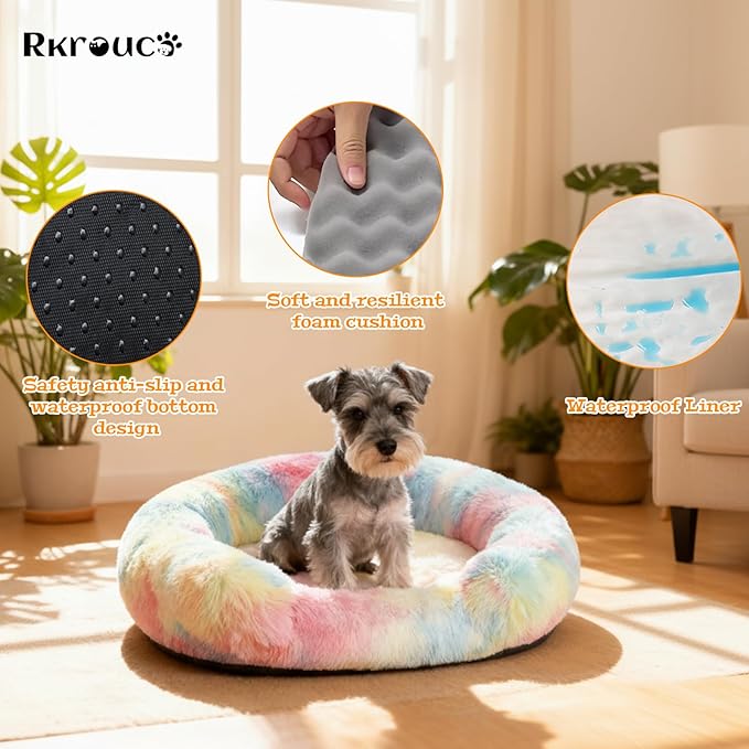 Fluffy Dog Bed Calming Donut Beds for Large Dogs Warming Round Small Medium Pet Nest Cozy Cat Mattress Indoor Washable Puppy Kennel Kittens Sleep Mat (XL, 43.3×43.3 inch, Rainbow)
