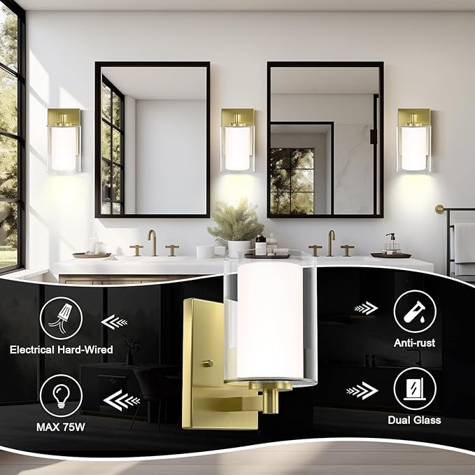Kalium Bathroom Wall Sconces Set of Two Gold Double Clear Glass Shade Modern Vanity Lights Indoor Farmhouse Wall Light for Bedroom Living Room Hallway Bulb E26 Base (Bulbs Not Included)