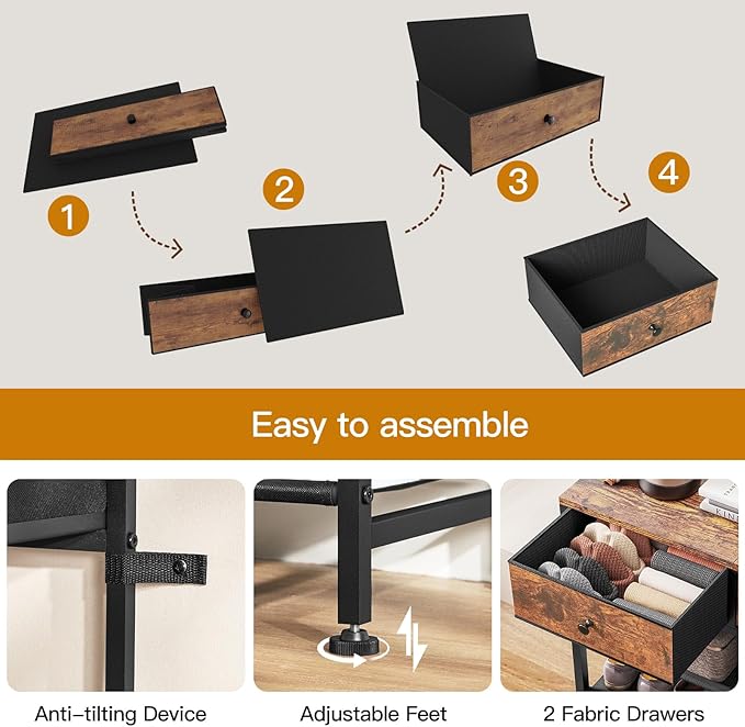 usikey Shoe Rack, 4 Tier Shoe Storage Organizer with 2 Drawers, Metal Shoe Shelf for 9-12 Pairs of Shoes, with 3 Oxford Fabric Shelves and Wooden Top, Shoe Stand for Entryway, Rustic Brown UNYXJX012F