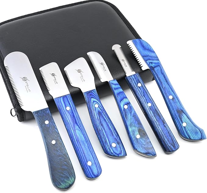 Dog Grooming Stripping Knife Set – 6-Piece Stainless Steel Hand Stripping Tools with Wooden Handles – Coarse, Medium, Fine & Extra-Fine Knives for Dogs, Cats & Wire-Coated Pets (Blue)