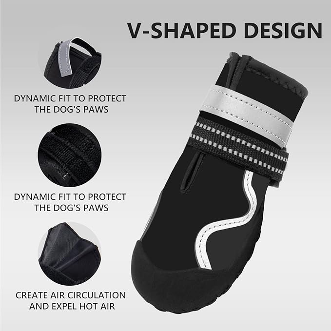 Dog Shoes Small Medium Large Size Dogs, Puppy Booties Paw Protector for Hot Pavement, Non-Slip Waterproof Rubber Reflective Strapped Boots (Black, Size 5#: (2.8 * 2.4) (L*W) for 40-55lbs)