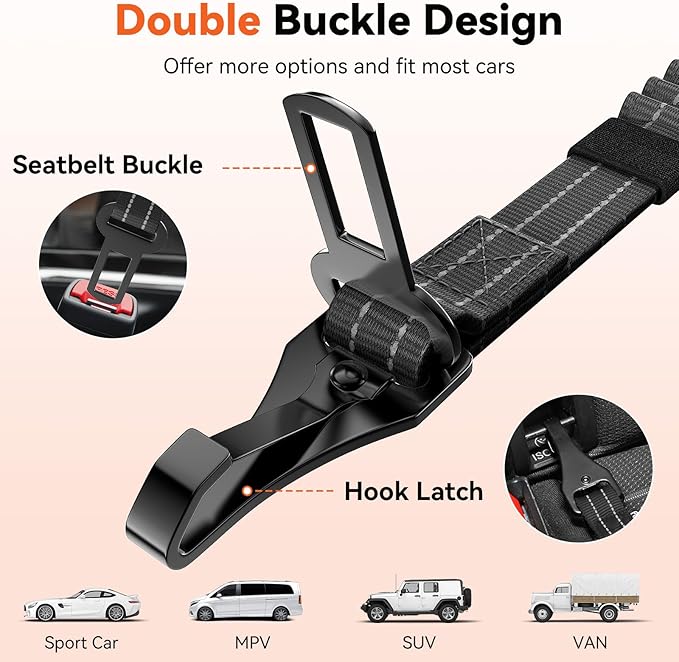 2Pcs Dog Seat Belt, Dog Car Seat Belt Bungee, Car Harness for Pet with Buckle & Hook Latch, Safety Leash Vehicle, Adjustable Reflective Pet Vehicle Tether, 360° Swivel Lock Clasp, Black