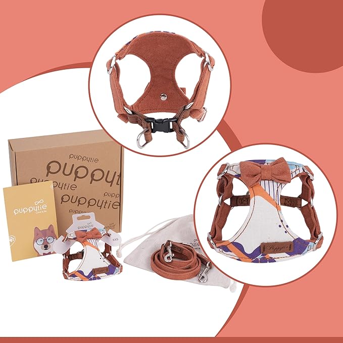 Puppytie No Pull Dog Harness with Multifunction Dog Leash,Soft Adjustable No Choke Escape Proof Pet Harness Vest for Medium Dogs,Suede Bow Brown,M