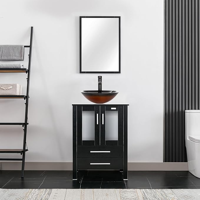 eclife 24" Modern Bathroom Vanity Sink Combo Freestanding Cabinet with Soft Closing Door, Brown Square Glass Vessel Sink, Water Save Faucet, Drain (Black+A48)