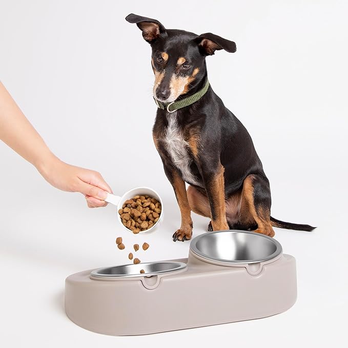Ubbi Pet Feeding Bowls Set with Non-Slip Mat, Elevated & Flat Stainless Steel Dog or Cat Bowls, Ergonomic 15° Angled Feeder, Dishwasher Safe, Taupe